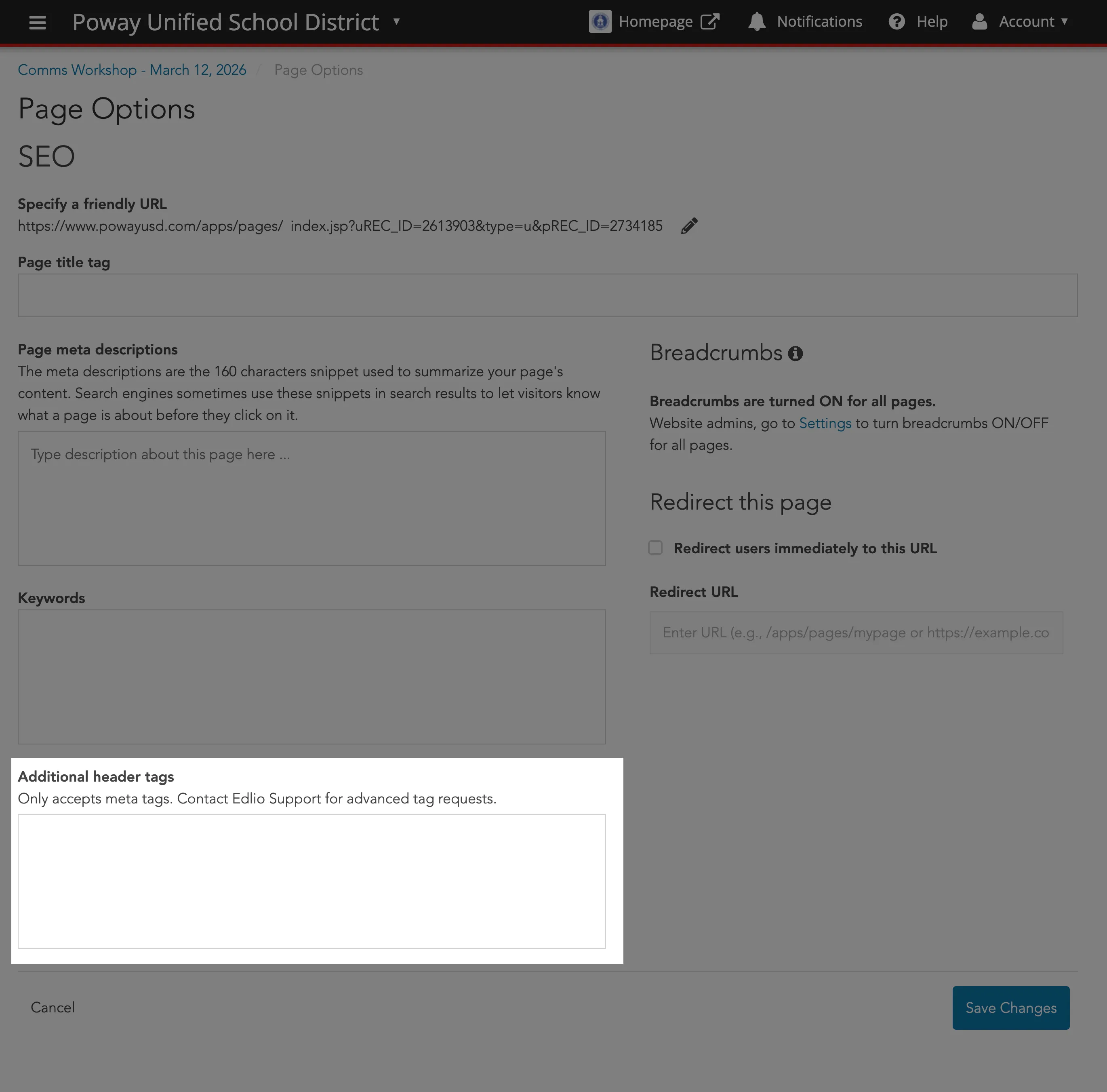 Additional header tags field