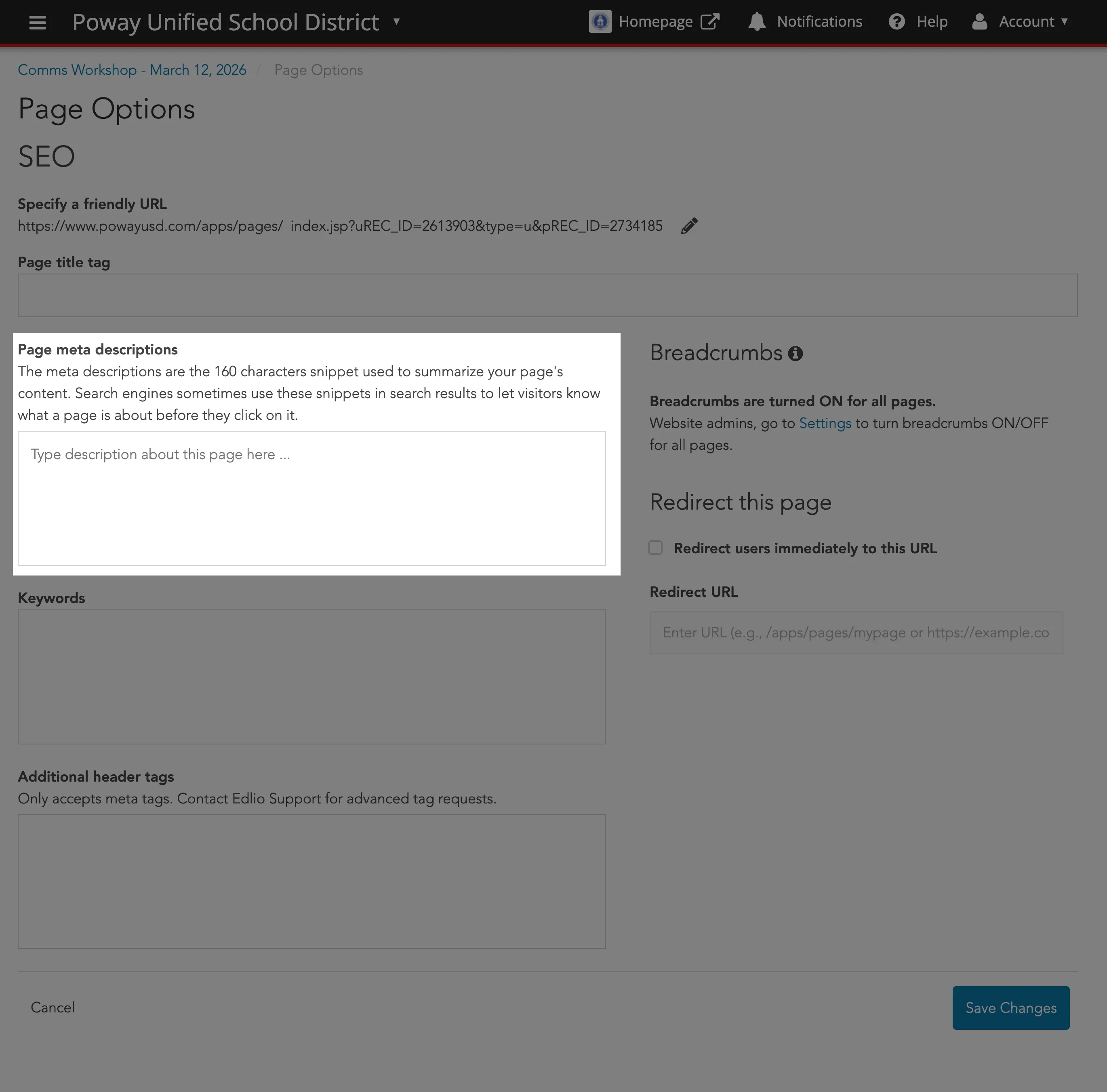 Page meta descriptions field