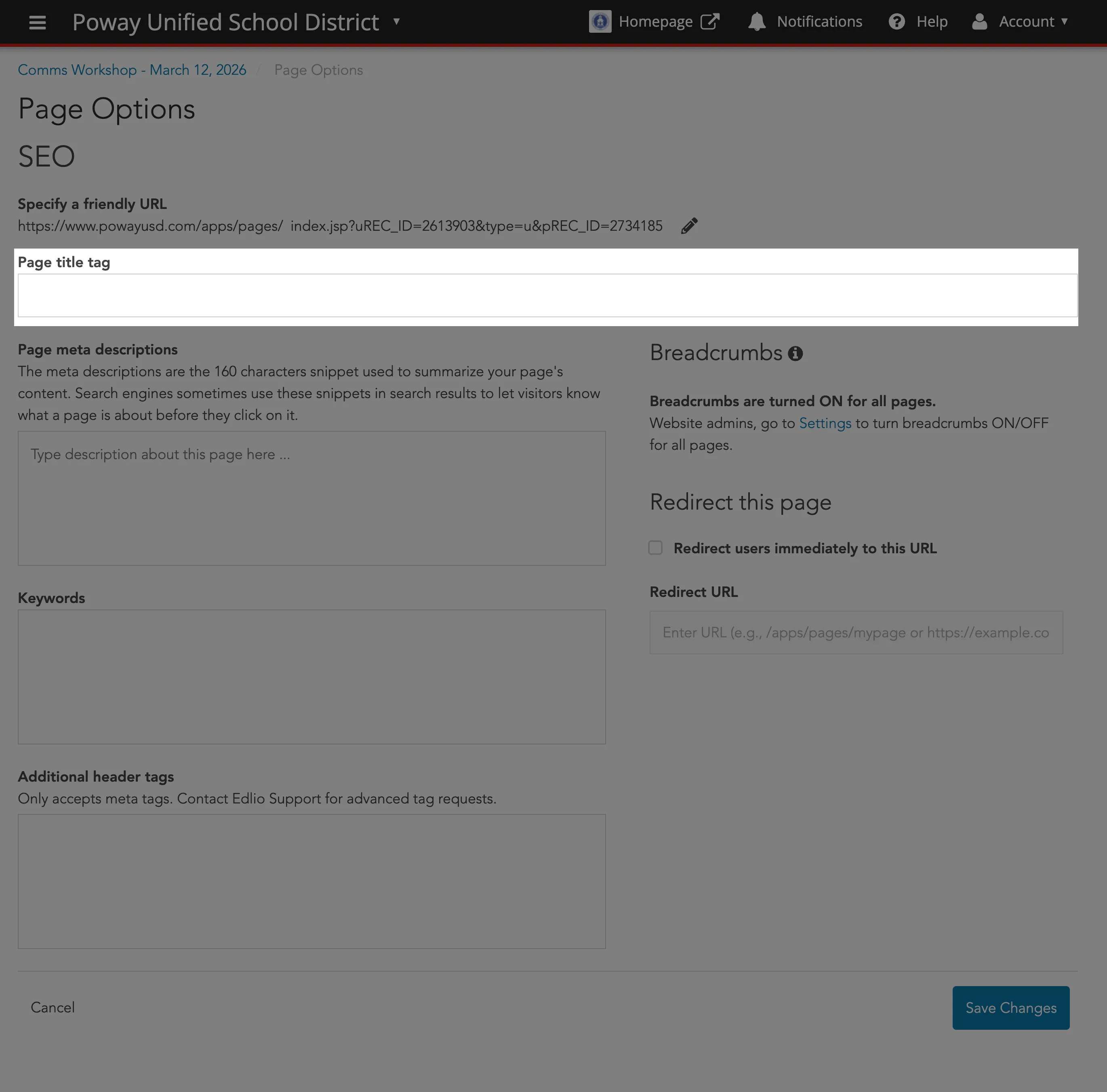 Page title tag field