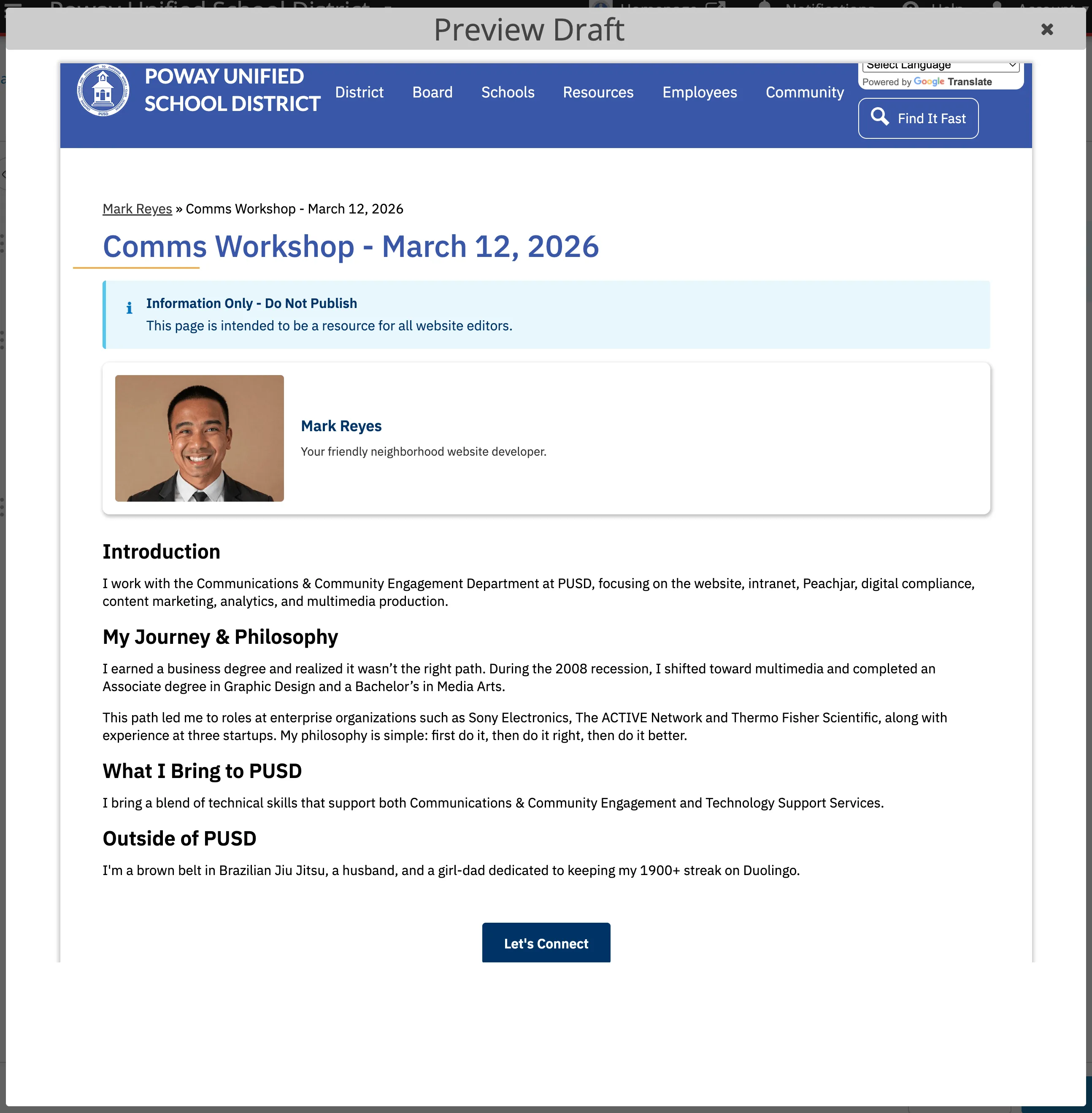 An example of a Personal Page to create with Pattern Library and Website Copywriter